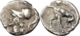 Greek Italy. Southern Apulia, Tarentum. AR Diobol, c. 272-228 BC. D/ Head of Athena left, wearing crested Corinthian helmet. R/ Herakles standing faci...