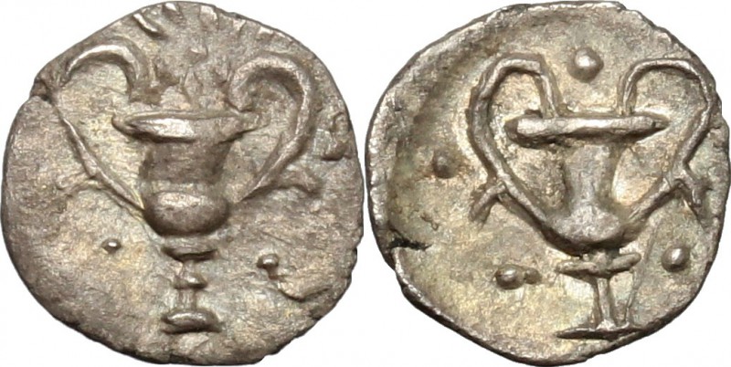 Greek Italy. Southern Apulia, Tarentum. AR Obol, c. 280-228 BC. D/ Kantharos; fi...