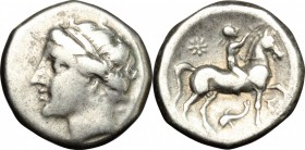 Greek Italy. Southern Apulia, 'Campano-Tarentine'. AR Didrachm, c. 281-228 BC. D/ Diademed head of nymph left. R/ Nude youth on horseback right, crown...