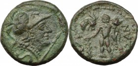 Greek Italy. Southern Apulia, Uxentum. AE Semis, 125-90 BC. D/ Head of Athena right wearing crested Corinthian helmet; below, S; at right, spear. R/ H...