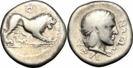 Greek Italy. Northern Lucania, Velia. AR Didrachm, c. 400-340 BC. D/ Lion crouching right, mouth open and tail between legs; above, retrograde B. R/ Y...