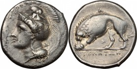Greek Italy. Northern Lucania, Velia. AR Didrachm, c. 334-300 BC. D/ Head of Athena left, wearing helmet decorated with sphinx; monogram behind neck g...