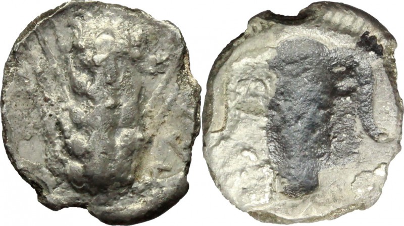 Greek Italy. Southern Lucania, Metapontum. AR Diobol, circa 470-440 BC. D/ MET. ...