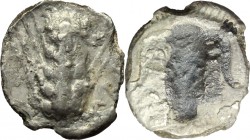 Greek Italy. Southern Lucania, Metapontum. AR Diobol, circa 470-440 BC. D/ MET. Barley-ear. R/ Ox head incuse. HN Italy 1487 (triobol). Noe 274-280. S...