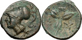 Greek Italy. Southern Lucania, Metapontum. AE 14 mm. c. 300-250 BC. D/ Head of Athena left, wearing crested Corinthian helmet. R/ Three barley-grains ...