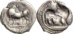 Greek Italy. Southern Lucania, Sybaris. AR Third Stater-Drachm, c. 550-510 BC. D/ Bull standing left, head right; VM in exergue. R/ Incuse of obverse,...