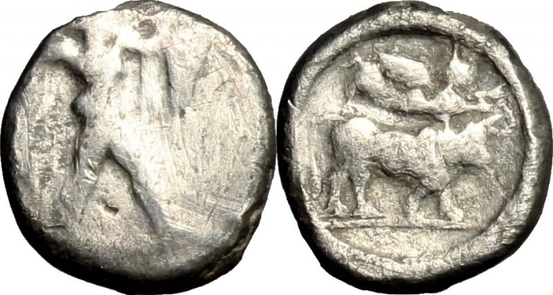Greek Italy. Southern Lucania, Sybaris. AR Diobol, c. 453-448 BC. D/ Poseidon st...