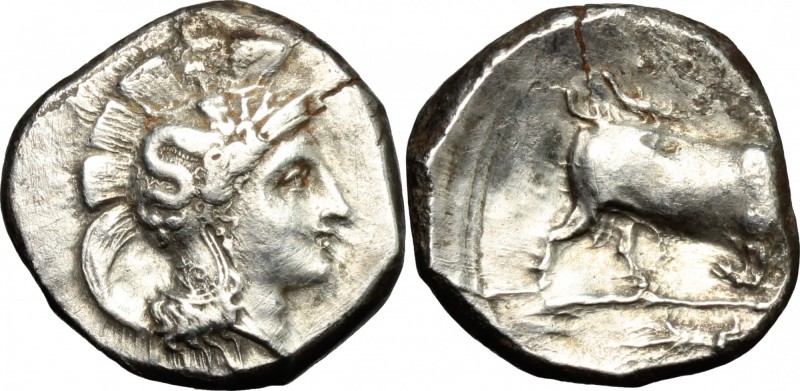 Greek Italy. Southern Lucania, Thurium. AR Stater, c. 300-280 BC. D/ Head of Ath...