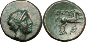 Greek Italy. Southern Lucania, Thurium. AE 14 mm. c. 280-260 BC. D/ Head of Apollo right, with short hair. R/ ΘOY. Horse prancing right; below, monogr...