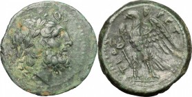 Greek Italy. Bruttium, Brettii. AE Unit, c. 214-211 BC. D/ Laureate head of Zeus right; behind, thunderbolt. R/ BPETTIΩN. Eagle standing left, wings o...