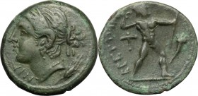 Greek Italy. Bruttium, Brettii. AE Half Unit, c. 214-211 BC. D/ NIA (sic). Diademed head of Nike left; below, corn-ear. R/ BPETTIΩN. Zeus striding rig...
