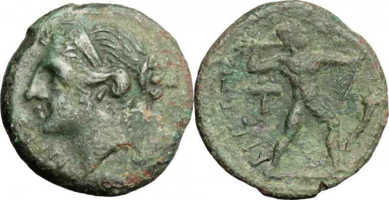 Greek Italy. Bruttium, Brettii. AE Half Unit, c. 214-211 BC. D/ NIKA. Diademed h...