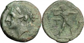 Greek Italy. Bruttium, Brettii. AE Half Unit, c. 214-211 BC. D/ NIKA. Diademed head of Nike left; to right, corn-ear. R/ BPETTIΩN. Zeus striding right...