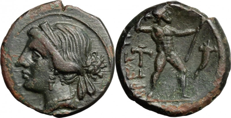 Greek Italy. Bruttium, Brettii. AE Half Unit, c. 214-211 BC. D/ Diademed head of...