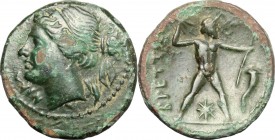 Greek Italy. Bruttium, Brettii. AE Half Unit, c. 214-211 BC. D/ NIKA. Diademed head of Nike left; behind, corn-ear. R/ BPETTIΩN. Zeus striding right, ...
