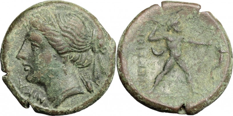 Greek Italy. Bruttium, Brettii. AE Half Unit, c. 214-211 BC. D/ Diademed head of...