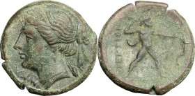 Greek Italy. Bruttium, Brettii. AE Half Unit, c. 214-211 BC. D/ Diademed head of Nike left; to right, corn-ear. R/ BPETTIΩN. Zeus striding right, hurl...