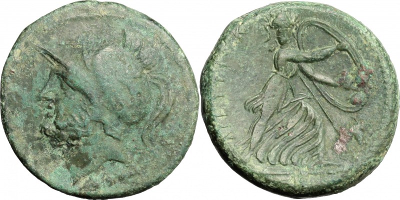 Greek Italy. Bruttium, Brettii. AE Double Unit, c. 211-208 BC. D/ Helmeted head ...