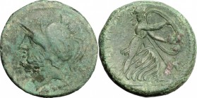 Greek Italy. Bruttium, Brettii. AE Double Unit, c. 211-208 BC. D/ Helmeted head of Ares left; thunderbolt below. R/ BPETTIΩN. Athena advancing right, ...