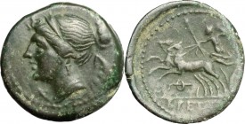Greek Italy. Bruttium, Brettii. AE Half Unit, c. 211-208 BC. D/ Winged bust of Nike left, diademed; below, thunderbolt. R/ Zeus driving biga left; bel...