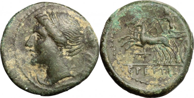 Greek Italy. Bruttium, Brettii. AE Half Unit, c. 211-208 BC. D/ Winged bust of N...