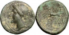 Greek Italy. Bruttium, Brettii. AE Half Unit, c. 211-208 BC. D/ Winged bust of Nike left, diademed. R/ Zeus driving biga left; below, racing-torch; in...