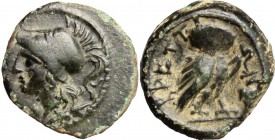 Greek Italy. Bruttium, Brettii. AE Sixth-Obol, c. 211-208 BC. D/ Head of Athena left, wearing crested Corinthian helmet; below, thunderbolt. R/ BPETTI...