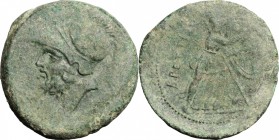 Greek Italy. Bruttium, Brettii. AE Double Unit, c. 208-203 BC. D/ Helmeted head of Ares left. R/ BPETTIΩN. Athena advancing right, head facing, holdin...