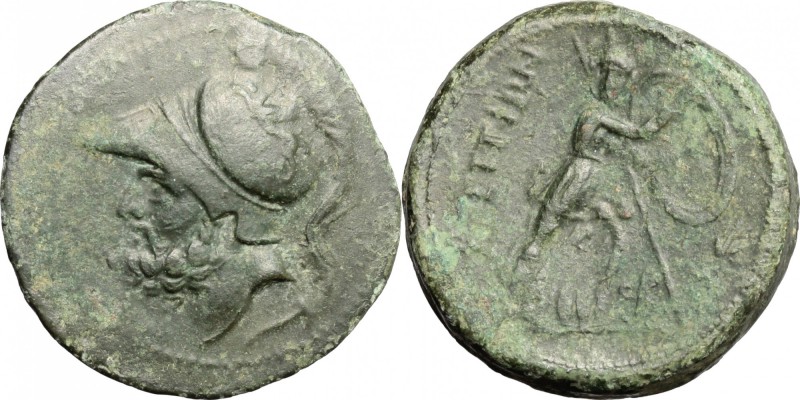 Greek Italy. Bruttium, Brettii. AE Double Unit-Didrachm, c. 208-23 BC. D/ Helmet...