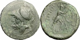 Greek Italy. Bruttium, Brettii. AE Double Unit-Didrachm, c. 208-23 BC. D/ Helmeted head of Ares left, scabbard below. R/ BPETTIΩN. Athena advancing ri...