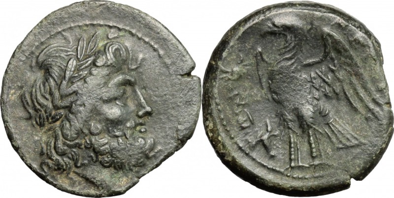 Greek Italy. Bruttium, Brettii. AE Unit, c. 208-203 BC. D/ Laureate head of Zeus...