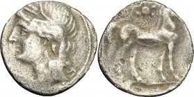 Greek Italy. Bruttium, Carthaginians in South-West Italy. AR Half-Shekel, c. 216-211 BC. D/ Head of Tanit-Demeter left, wearing wreath of grain ears. ...