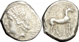 Greek Italy. Bruttium, Carthaginians in South-West Italy. AR Quarter Shekel, c. 215-205 BC. D/ Wreathed head of Tanit-Demeter left. R/ Horse standing ...