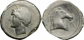 Greek Italy. Bruttium, Carthaginians in South-West Italy. AE Unit, 'Locri' type, 215-205 BC. D/ Head of Tanit-Demeter left, wearing wreath of grain ea...