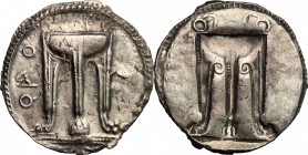 Greek Italy. Bruttium, Kroton. AR Stater, c. 530-500 BC. D/ Q P O. Tripod, with legs terminating in lion's feet. R/ Incuse tripod. HN Italy 2075. SNG ...