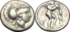 Greek Italy. Bruttium, Kroton. AR Triobol, first half of 3rd century BC. D/ KPOT[Ω]. Head of Athena right, wearing crested Corinthian helmet. R/ OIKIΣ...