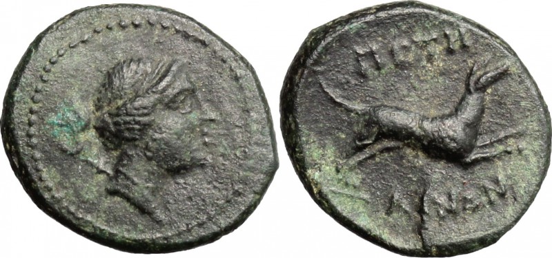 Greek Italy. Bruttium, Petelia. AE 15 mm. late 3rd century BC. D/ Head of Artemi...