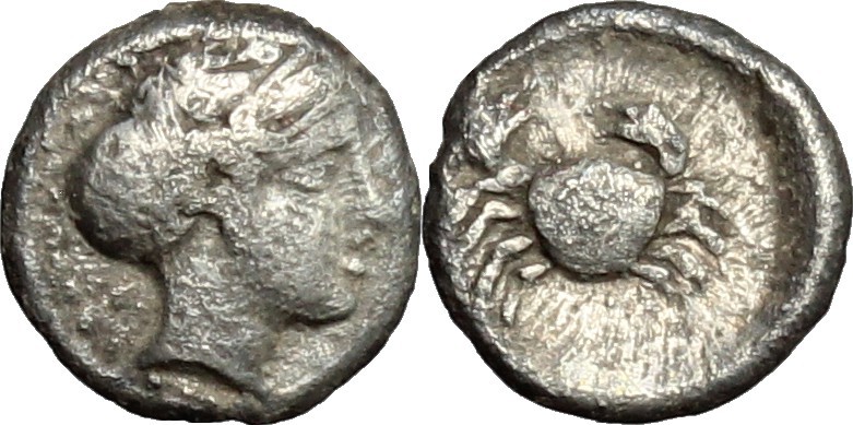Greek Italy. Bruttium, Terina. AR Obol, c. 350-300 BC. D/ Female head right. R/ ...