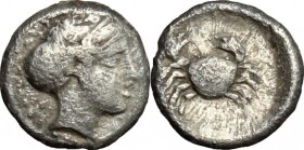 Greek Italy. Bruttium, Terina. AR Obol, c. 350-300 BC. D/ Female head right. R/ Crab. HN Italy 2640. AR. g. 0.34 mm. 7.00 RRR. Extremely rare. Nicely ...