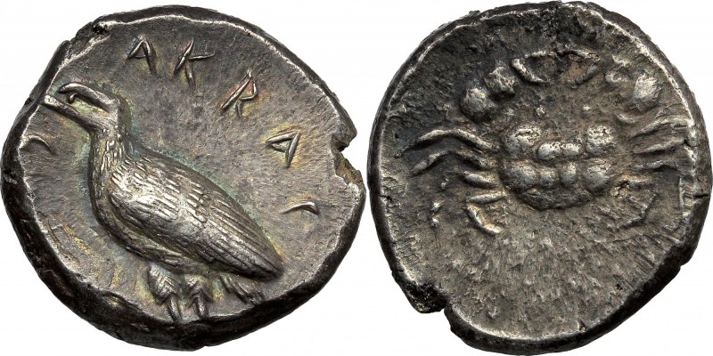 Sicily. Akragas. AR Didrachm, c. 510-500 BC. D/ ΑΚΡΑCΑΝΤΟS. Sea eagle with close...