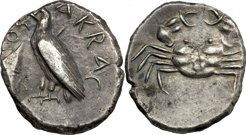 Sicily. Akragas. AR Didrachm, c. 510-500 BC. D/ ΑΚΡΑCΑΝΤΟS. Sea eagle with close...