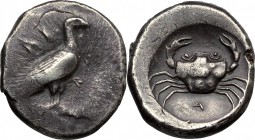 Sicily. Akragas. AR Didrachm, c. 510-480 BC. D/ ΑΚΡΑ. Sea eagle with closed wings standing right. R/ Crab; below, A. SNG ANS 963 (same dies). AR. g. 8...