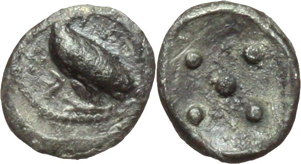 Sicily. Akragas. AR Pentonkion, ca. 470-420 BC. D/ AKRA. Sea eagle with closed w...