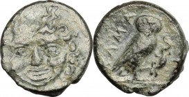 Sicily. Kamarina. AE Onkia, c. 420-405 BC. D/ Facing gorgoneion. R/ KAMA. Owl standing right, head facing, grasping lizard; in exergue, [pellet]. CNS ...