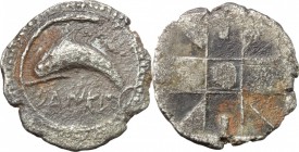 Sicily. Messana as Zankle. AR Drachm, c. 500 BC. D/ DANKLE. Dolphin swimming left within sickle-shaped harbor. R/ Nine part incuse square with scallop...