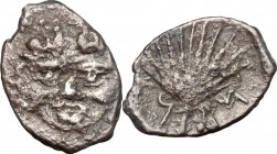 Sicily. Motya. Punic Occupation. AR Litra, c. 405-397 BC. D/ Facing gorgoneion. R/ Palm branch; Punic 'mtv' across field. Jenkins I. pl. 23,5. De Luyn...