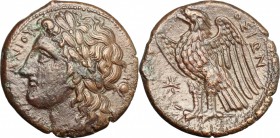 Sicily. Syracuse. Hiketas (287-278 BC). AE 23 mm. D/ ΔIOΣ EΛΛANIOY. Laureate head of Zeus Hellanios left; behind, trophy. R/ ΣYPAKOΣIΩN. Eagle, wings ...