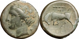 Sicily. Syracuse. Hieron II (274-216 BC). AE LItra (?), 275-269 BC. D/ Wreathed head of Kore left; behind, uncertain symbol (bunch of grapes?). R/ Bul...