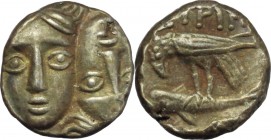 Continental Greece. Moesia, Istros. AR Quarter Drachm, 4 th century BC. D/ Facing male heads, the right inverted. R/ IΣTPIH. Sea-eagle left, grasping ...