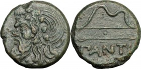 Continental Greece. Cimmerian Bosporos, Pantikapaion. AE 24 mm. c. 340-325 BC. D/ Wreathed head of Pan left. R/ Bow and arrow; below, ΠANTI. Anokhin 1...